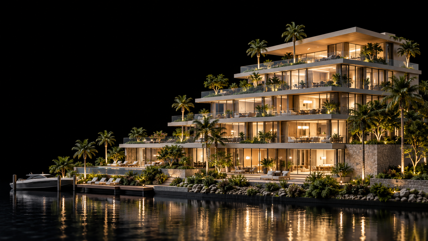 Illustrative illuminated architectural miniature beside water