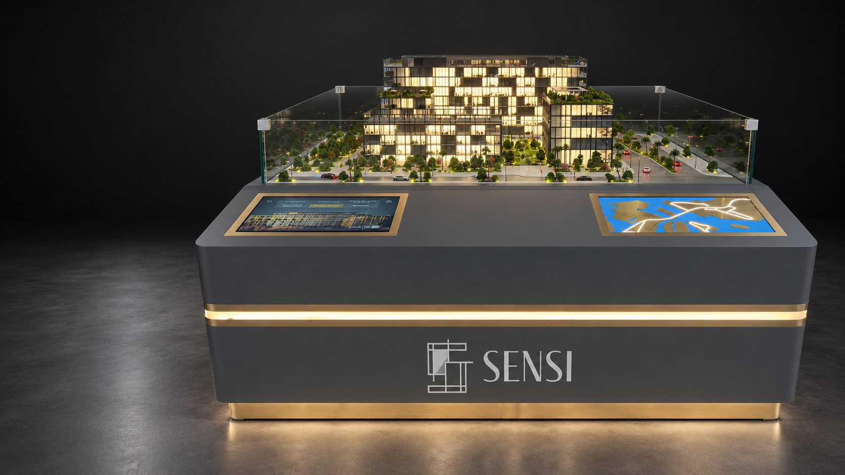 SENSI architectural model, control screen and location display on one table